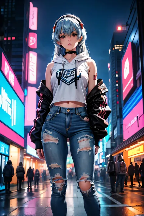 a girl that looks like Rei Ayanami with straight long hair up to the shoulder, wearing streetwear denim pants and headphones, blue hoodie, on the chest says Future Funk, amidst a vibrant futuristic cityscape illuminated by neon lights. standing in the midd...