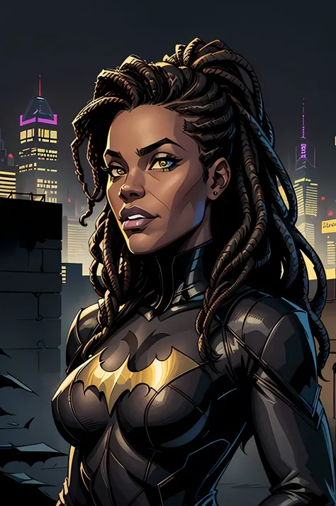 (arte, melhor qualidade), Ebony 1girl, pretty Face, Kimberly_Jackson, dreadlocks soltos, messy, Face, cidade, Gotham, Realista, in batman costume illustration for sticker with black background, contorno em negrito, bordas irregulares, trashcore, sombreamen...