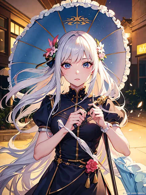 anime girl with umbrella and flowers in her hair, guweiz, detailed anime artwork, clean detailed anime art, detailed digital anime art, detailed anime art, beautiful anime portrait, beautiful anime girl, beautiful anime artwork, artwork in the style of guw...