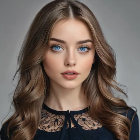 high-quality,clear photo,(realistic,photorealistic:1.37),detailed portrait,young woman,long brown hair,grayish blue eyes,beautiful detailed eyes,beautiful detailed lips,slim figure,wearing a knee-length black dress,loose and long-sleeved,black stockings