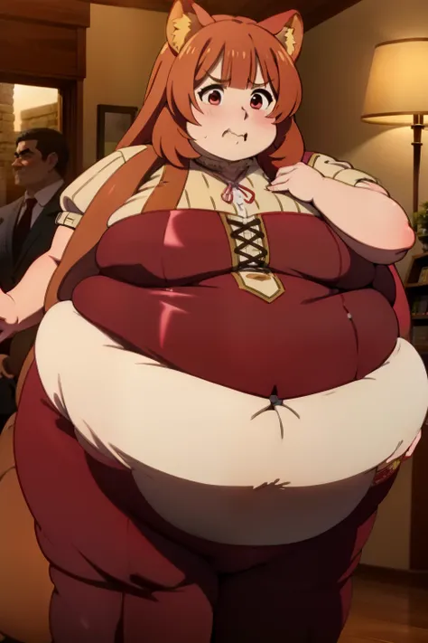 Fat Raphtalia, red suit, obese, round, rotund, stealing food, evil, stuffed raccoon