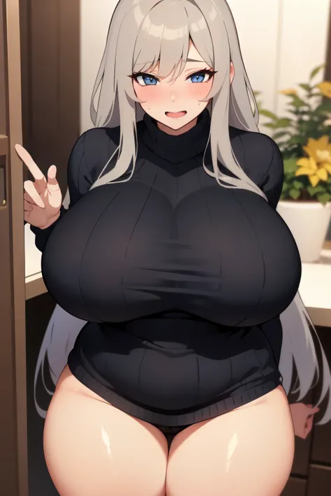 A MILF, gray long hair, plump body, huge breast, thick thigh, in sweater, blushing, horny face