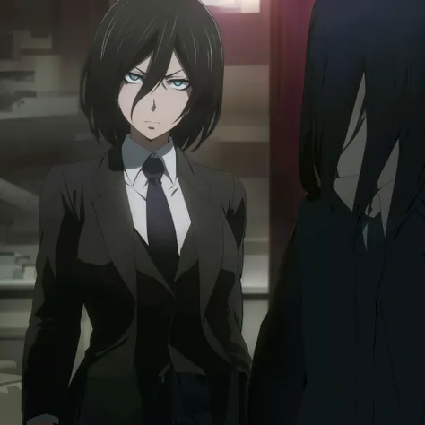 Anime image of a woman wearing a suit and tie standing in front of a window, Sebastian Michaelis, Mikasa Ackerman, as an Anime character, Akane Owari Danganronpa, In a black suit, In a strict suit, fubuki, Anime character, In Anime, Sui Ishida with black h...