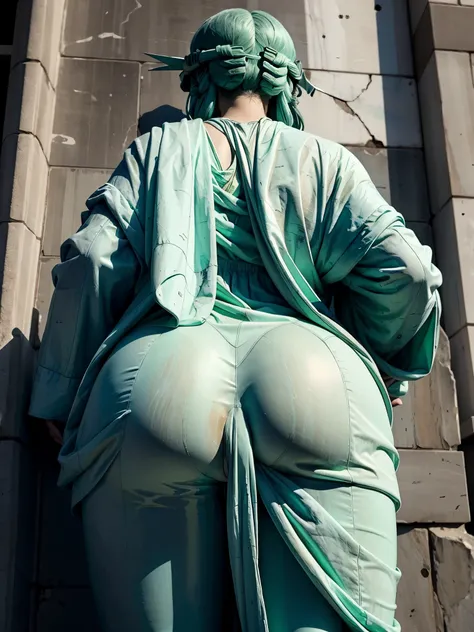 lady-liberty, view from behind, statue in a grey pulled up dress is leaning against a wall, showing ass, anus and pussy, (YES NSFW)