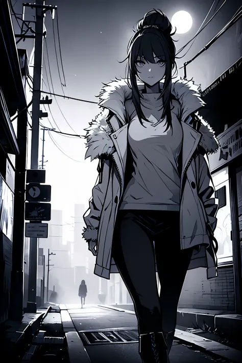 a woman, leggings, pleated skirt, sports top, high ponytail, high boots, long fur jacket, on a foggy moonlit night in a ghost town, detailed face, detailed eyes, detailed lips, monochrome style, lineart