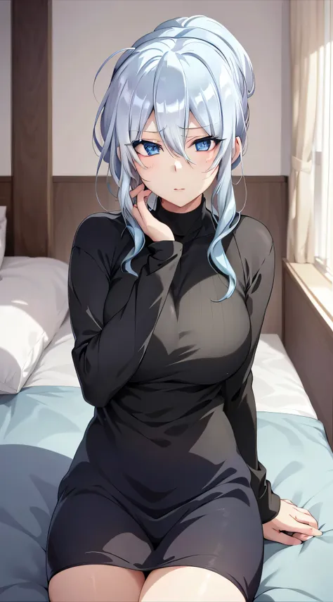 in bed, silver hair and  blue eyes, black shirt and no bra, anime visual of a cute girl, screenshot from the anime film, & her e...