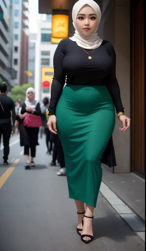 1 malay girl, modern plain hijab, shy, medium portrait, watery eyes, wearing dark green kebaya, ((big breasts)), black bokeh background, well-proportioned body,, chubby massive thighs, full body pose, wearing a necklace , wearing 10 bracelet , wearing a sn...