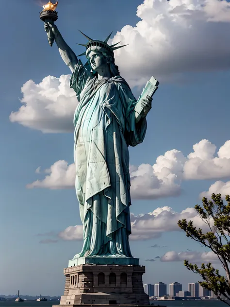 lady-liberty, front view, a statue of liberty is shown against a cloudy grey sky, clouds, torch in her hand, basement of stones, water, Liberty Island, trees
