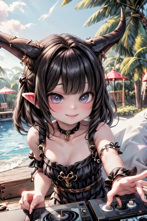 masterpiece, best quality, Selfie at Beach Party, a DJ ((horned vampiress)) smiling, DJ mixing,