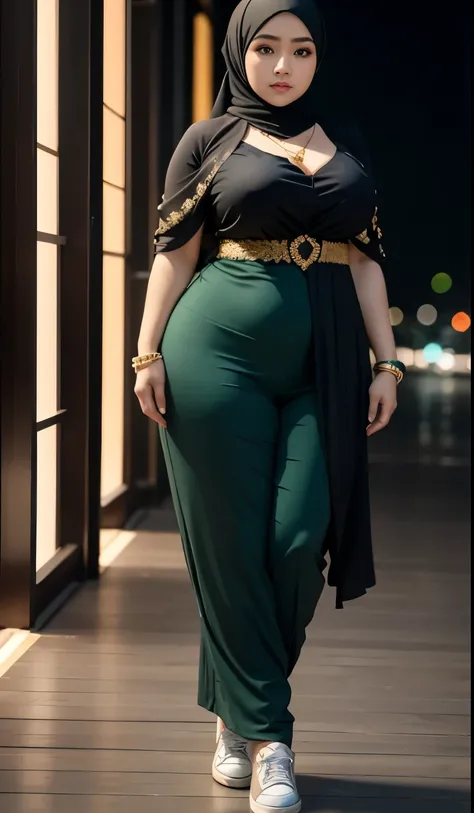 1 malay girl, modern plain hijab, shy, medium portrait, watery eyes, wearing dark green kebaya, ((big breasts)), black bokeh background, well-proportioned body,, chubby massive thighs, full body pose, wearing a necklace , wearing 10 bracelet , wearing a sn...