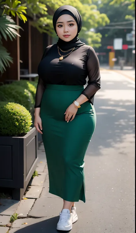 1 malay girl, modern plain hijab, shy, medium portrait, watery eyes, wearing dark green kebaya, ((big breasts)), black bokeh background, well-proportioned body,, chubby massive thighs, full body pose, wearing a necklace , wearing 10 bracelet , wearing a sn...