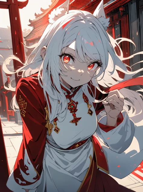 ((highest quality、masterpiece、shining eyes、detailed))、1 girl、beautiful face、(Shining crimson eyes)、(White beast ears)、short、、long white hair、(Trouser style crimson cheongsam)、smile、Shrine precincts、play tag、anime style