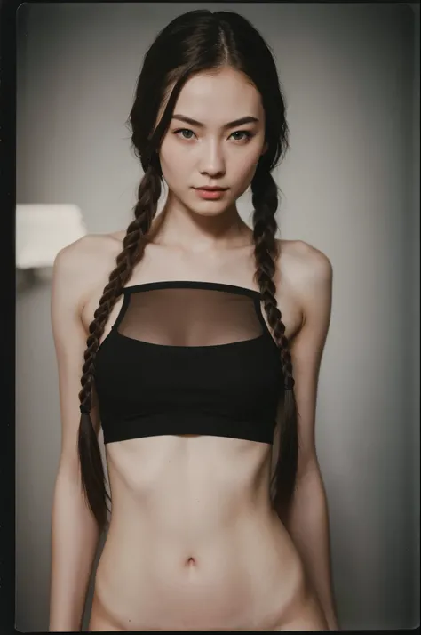 arafed instagram supermodel, russian chinese features, mid-length braided hair, pale skin, perfect face, looking hot, onlyfans girl, victoria secret body, amanda, harsh polaroid flash, vintage quality, in the night, dark background, one girl, vogue