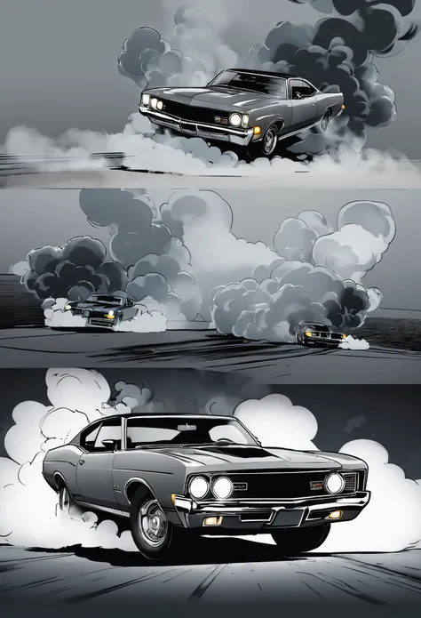 comics，Cool，Dynamic，Gray background，smoke，car lights on