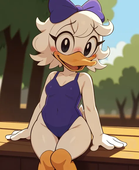 uploaded on e621, portrait of (daisy duck:1.2), (white hands:1.1), (blond hair), (wavy hair), (60s hairstyles), (black eyes), (white skin), (orange beak), (solo:1.1) (purple bow on head), ((purple swimsuit), (medium breasts), (tailfeathers), (blush), (open...