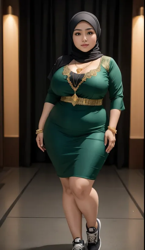 1 malay girl, modern plain hijab, shy, medium portrait, watery eyes, wearing dark green kebaya, ((big breasts)), black bokeh background, well-proportioned body,, chubby massive thighs, full body pose, wearing a necklace , wearing 10 bracelet , wearing a sn...