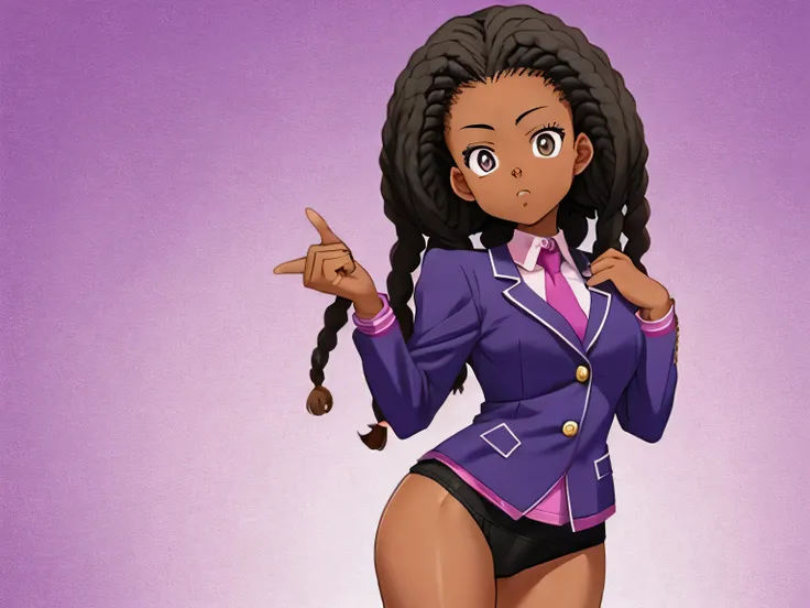 boondocks character, darkskin teenage girl, in School uniform, box braids, hourglass body