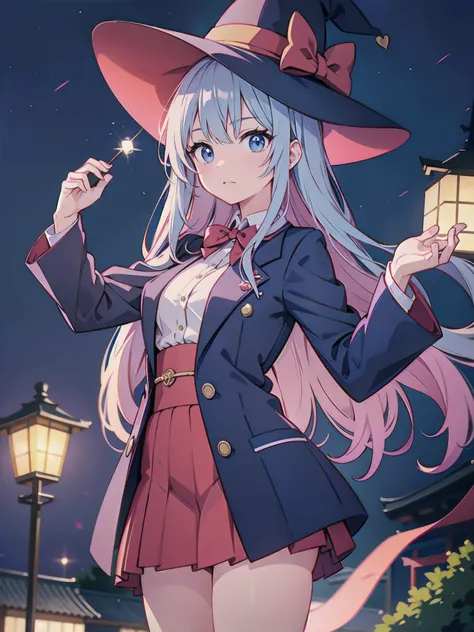 magician girl、She wears a large witch&#39;s hat with sapphire accessories、Wearing Japanese modern high school blazer uniform、Japan anime-style illustration、Drawn by a Japanese illustrator、Bank of the river in Tokyo late at night