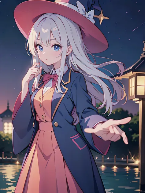 magician girl、She wears a large witch&#39;s hat with sapphire accessories、Wearing Japanese modern high school blazer uniform、Japan anime-style illustration、Drawn by a Japanese illustrator、Bank of the river in Tokyo late at night