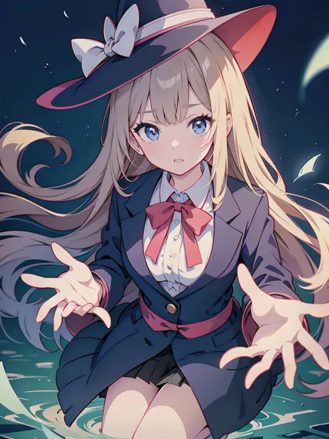 magician girl、She wears a large witch&#39;s hat with sapphire accessories、Wearing Japanese modern high school blazer uniform、Japan anime-style illustration、Drawn by a Japanese illustrator、Bank of the river in Tokyo late at night