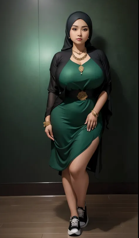 1 malay girl, modern plain hijab, shy, medium portrait, watery eyes, wearing dark green kebaya, ((big breasts)), black bokeh background, well-proportioned body,, chubby massive thighs, full body pose, wearing a necklace , wearing 10 bracelet , wearing a sn...