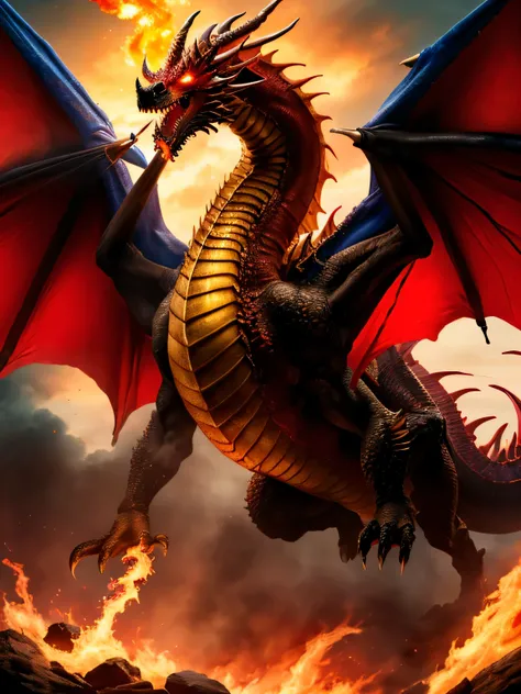 (A RED DRAGON FLYING PERFECTLY WITH RED HEAD, corpo vermelho), (golden sky)(olhos vermelhos afiados),close-up launch (Sangue e fogo) Pelo nariz,Escala de volume,alta qualidade,8K,muitos detalhes,fire particles,2 pernas,Garras manchadas,ar,perigos,fogoso,de...