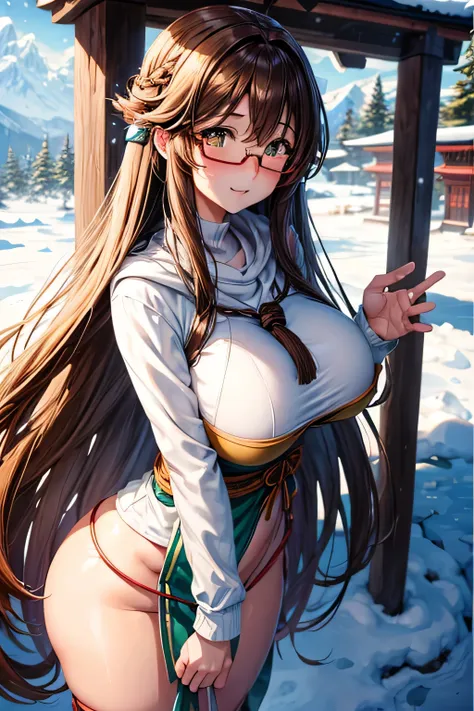 High resolution, high quality, 1 girl, anime girl, brown long hair, brown eyes,heart-shaped pupil, green glasses, tanned skin, big breasts,beautiful breasts, (important moment,Are standing,At the shrine,snow Road,