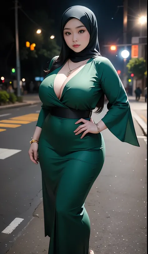 1 malay girl, modern plain hijab, shy, medium portrait, watery eyes, wearing dark green kebaya, ((big breasts)), black bokeh background, well-proportioned body,, chubby massive thighs, full body pose, wearing a necklace , wearing 10 bracelet , wearing a sn...