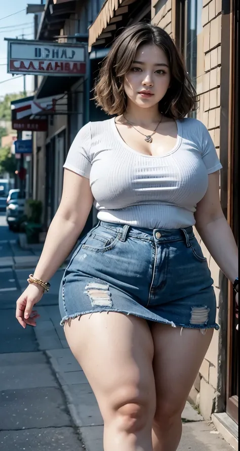 ((best quality)), ((masterpiece)), (detailed), perfect face, araffe woman in a long dark-blue shirt and blue denim skirt walking down a street, thicc, wavy short hair , she has a jiggly fat round belly, bbwchan, wearing tight simple clothes, skinny waist...