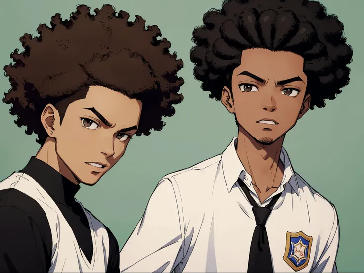 boondocks character ,A 19-year-old Brazilian teenager, brown, short black taper fade hair, very curly afro hair, tall and thin, wearing a school uniform, with low taper fade hairstyle