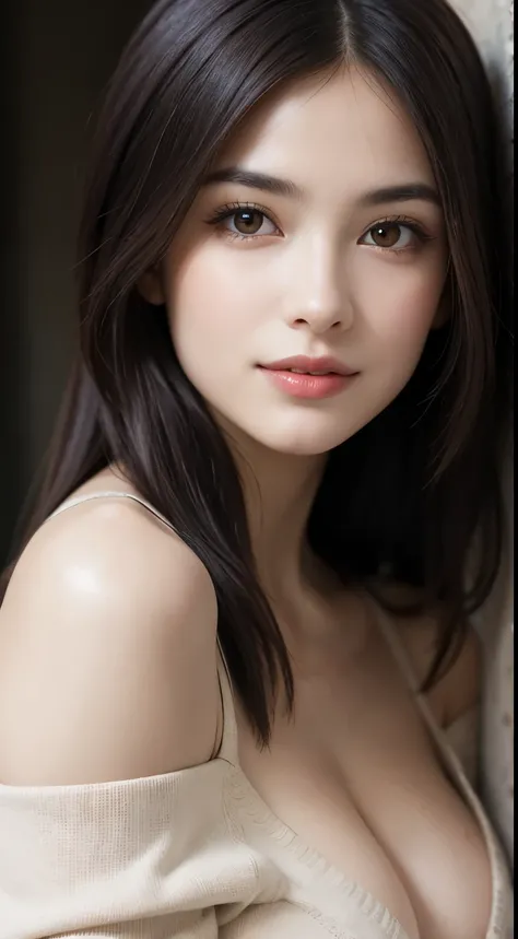 1woman, (Ultra realistic, high res), (highly detailed eyes, highly detailed hair, highly detailed face, highly detailed plump lips), (off shoulder with open breasts), breasts, upper body, caute smile, (best quality:1.4), Raw photo, (realistic, photo-realis...