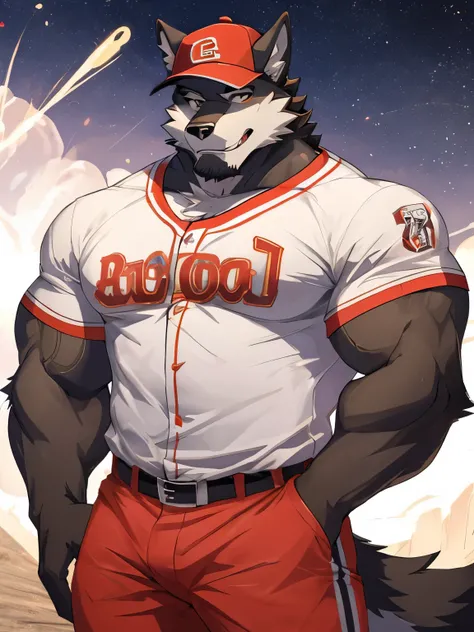 Wolf, good looking, male, anthro, ultradetailed, muscular, solo, bareness, rippling muscles, muscles, simple background, white background, tail, smiling, pose, baseball uniform, furness, baseball cap, baseball pants, baseball shirt, big pecs, bara,