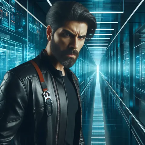 a man in a black jacket standing in a hallway with a dark background, cyborg in the data center, cyber background, portrait of a cyberpunk man, cyber style, in cyberpunk style, cyber space, cyberpunk hero, cyber noir, hyper-realistic cyberpunk style, in a ...