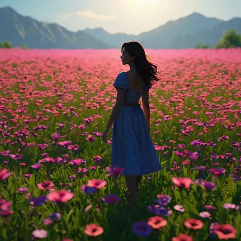 (best quality,4k,highres,masterpiece:1.2),ultra-detailed,realistic, vibrant colors,sharp focus,physically-based rendering,extremely detailed silhouette,beautiful flowers field,feminine silhouette,standing,open arms,isometric art,soft lighting,peaceful atmo...