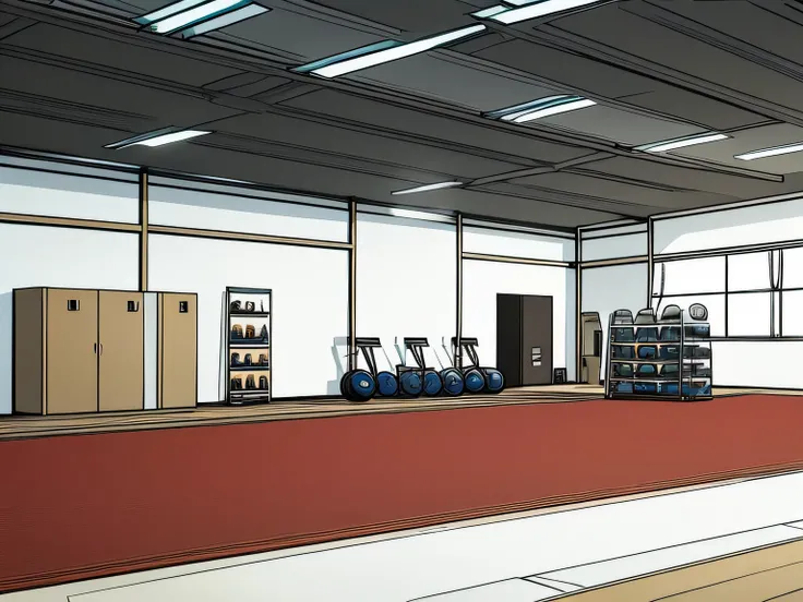 A fitness gym with medicine balls and equipment without people. Looks hand drawn. No shading. With flat color.