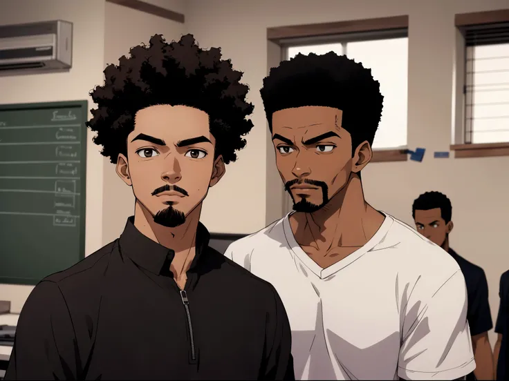 boondocks character ,A 19-year-old Brazilian teenager, brown, short black taper fade hair, very curly afro hair, tall and thin, wearing a school uniform, with low taper fade hairstyle, with a goatee and mustache combo