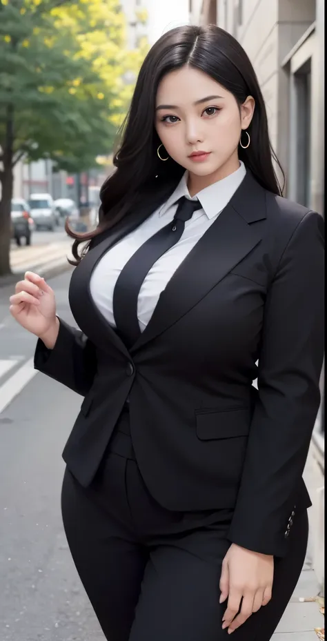 realisitic、curvaceous woman standing alone, woman in black business suit, with a business suit on, businesswoman, woman in busin...