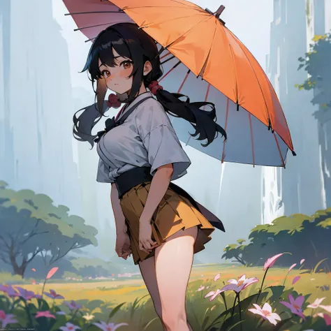 1female, adult, big breast, tan skin, finely detailed brown eyes, long wavy pigtails, pale black hair color, loose open yukata, short skirt, japanese umbrella, blushing, standing in flower field, waterfall, night, somber expression, village background, ser...