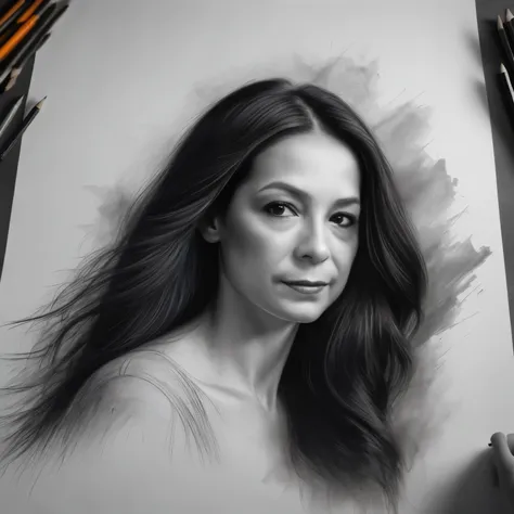 a drawing of a woman with long hair and a pencil, lucy liu portrait, artists portrait, fine lines and graphite, realistic graphite, art portrait, realistic female portrait, realistic drawing, realistic portrait, portrait drawing, realistic portrait photo, ...