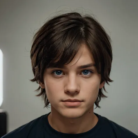 Boy with blue eyes and medium mullet haircut and dark brown hair, oval face and full hair