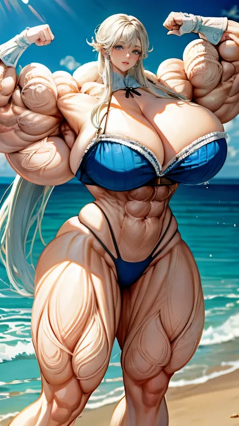 A muscular girl with huge muscles and huge breasts wearing a white bra,thigh highs, long gloves with golden embroidery, long blue hair,blue eyes, smiling,at a beach 