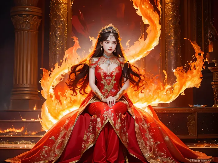 ( absurdly , high quality , Super detailed),(See photographer ),(princess of flame,woman wearing fire),Crystal costume with detailed, beautiful and colorful patterns,Flame Queen,World of Fire,fantasy palace of god