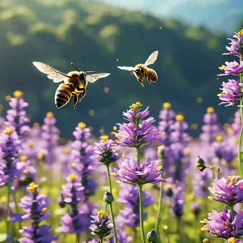 close up of bees flying over a flower field, realistic, ultra-detailed, bokeh. 