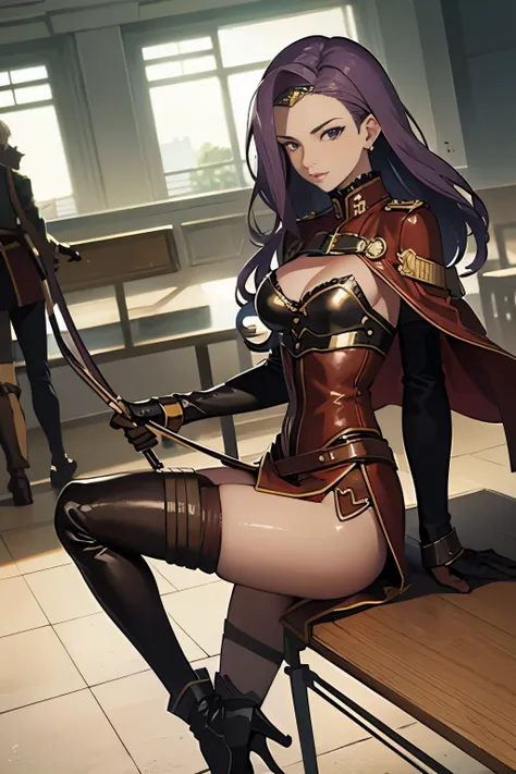 defsonya, purple hair, (((full body))), jodhpurs, riding pants, tight pants, (pants), beige pants riding coat, (((tailcoat))), red tailcoat, equestrian, equestrienne, ((riding crop)), (((brown leather thigh high boots))), (((brown leather thigh-high boots)...