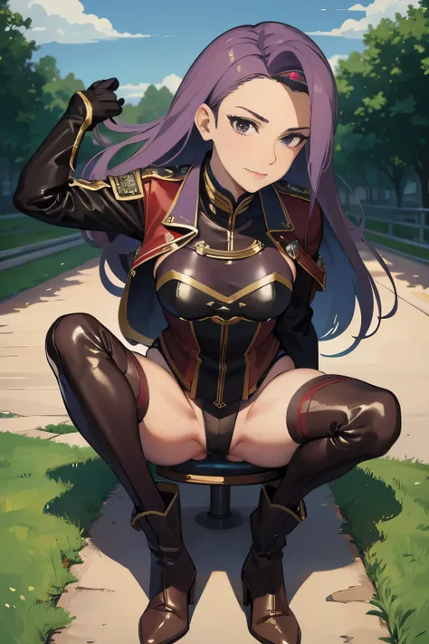 defsonya, purple hair, (((full body))), jodhpurs, riding pants, tight pants, (pants), beige pants riding coat, (((tailcoat))), red tailcoat, equestrian, equestrienne, ((riding crop)), (((brown leather thigh high boots))), (((brown leather thigh-high boots)...