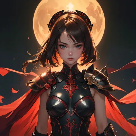 NSFW((masterpiece)), (((Best Quality))), ((Ultra-detailed)), (extremely detailed photo), ((extremely delicate and beautiful)),(Cute delicate face), (A 18 years old very dignified girl),red and black armor ,(holding a glowing sword ),against a dark backgrou...