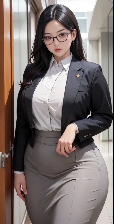 realisitic、curvaceous woman standing alone, woman in black business suit, with a business suit on, businesswoman, woman in busin...