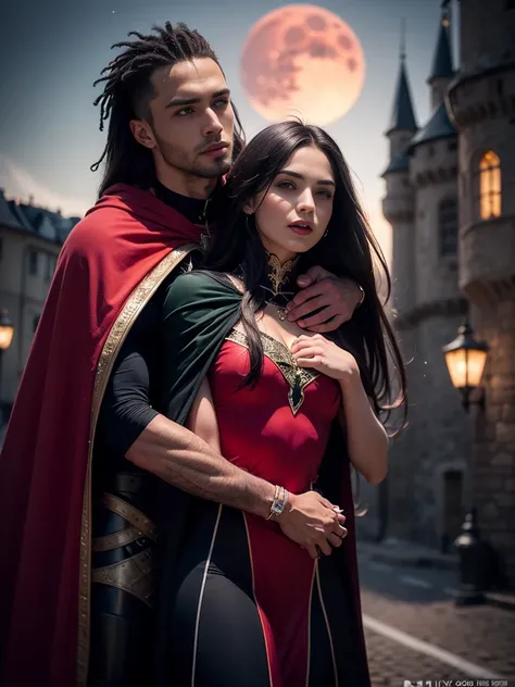 woman (((((satisfied, night, dark, blood moon, green velvet evening gown, black red cape, vampire, (((handsome athletic male groping ([african:european:0.5] woman)))), black chrome armor:1.0, romance novel cover, medieval castle)), black lips, dark makeup)...