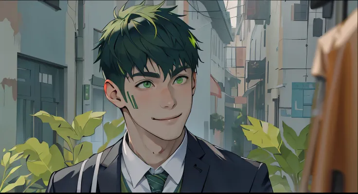 he is amazed and smiles with embarrassment. there is a handsome 16-year-old boy with white skin, green hair, green eyes.