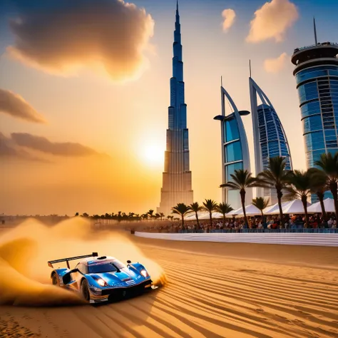 beach racing ，sunset，golden light enveloped the entire venue，the beach is crowded with tourists，they enjoy time under colorful u...